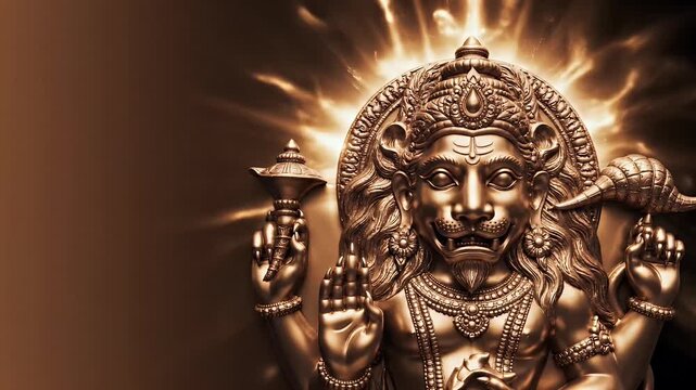 Devotional Masik Narasimha Puja banner background, Deep bronze to black gradient with symbolic lion claws, conch shell, and radiant divine halo