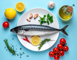 Fresh mackerel fish with lemon, tomatoes, herbs, and olive oil on a white plate, culinary concept.