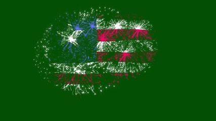 Fireworks effect forming the Liberia national flag, bursting in vibrant colors on a green screen background. Perfect for celebrations, independence themes, and video compositing.