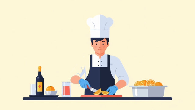 A chef in a toque and apron prepares citrus slices with ingredients at a station