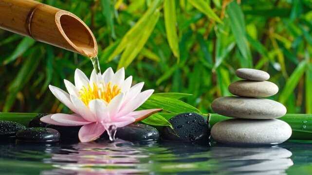 Zen garden with water lily, bamboo fountain, and stacked stones for relaxation.