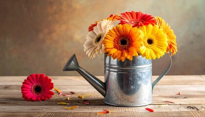 Gerbera Daisies in a Watering Can - A Colorful Floral Arrangement on a Wooden Surface.