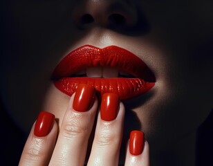 closeup woman with red nails on red lips on dark background