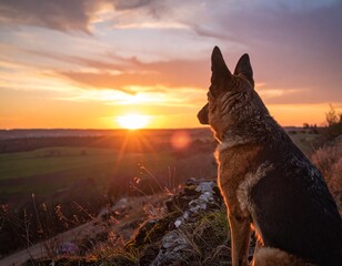 German Shepherd Dog Contemplating the Sunset Over a Scenic Landscape.