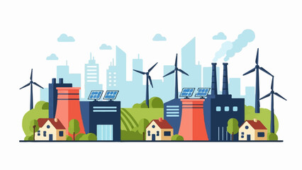 A cityscape shows renewable energy sources like wind turbines and solar panels powering modern buildings