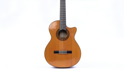 Obraz premium professional classical acoustic guitar with a wooden body and cutaway design isolated on a clean white background. acoustic guitar close up