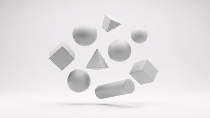Abstract white geometric shapes floating against a clean white background