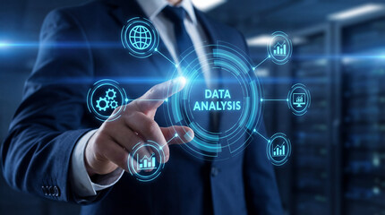 Obraz premium Business professional touching data analysis interface, visualizing metrics, trends and insights for strategic decisions, performance monitoring and intelligent digital business optimization.