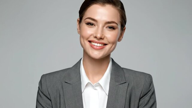 Attractive smiling woman in suit, hand to chin