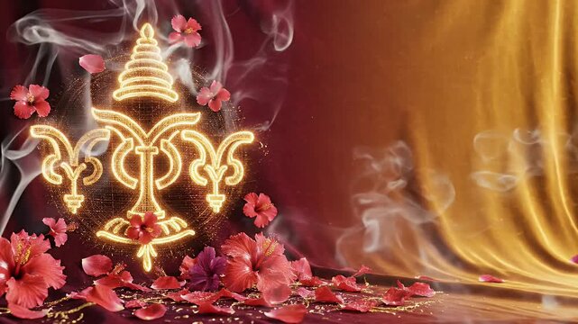 Sacred Masik Shakti Peeth Puja banner background, Rich maroon to gold gradient with glowing Yantra patterns, red flowers, and temple incense haze