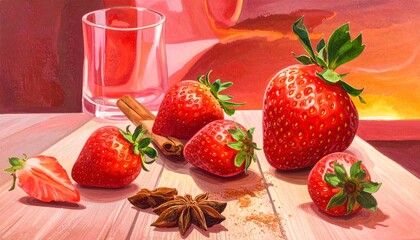 Fresh Strawberries and Spices Arranged on a Wooden Surface with a Drink.
