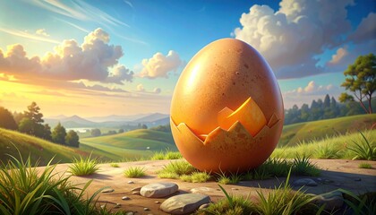 Giant Egg Cracking Open in a Sunny Pastoral Landscape