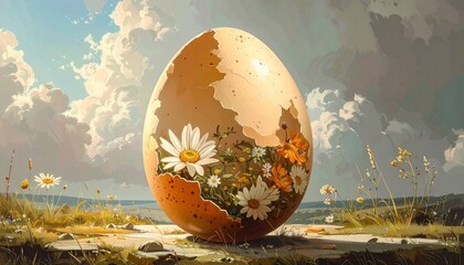 Giant Cracked Egg Reveals Blooming Flowers in a Sunny Meadow