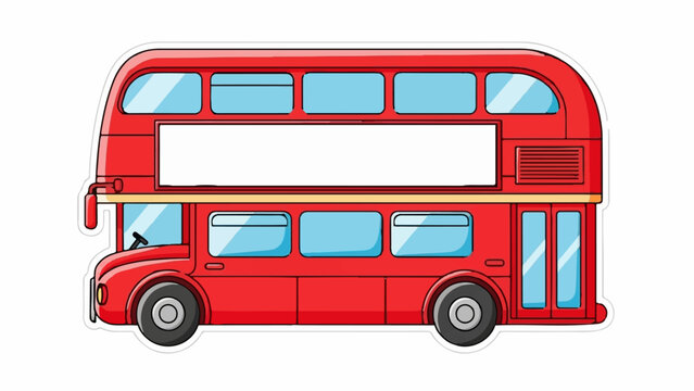 A bright red, cartoon double-decker bus with large blue windows and a blank advertising panel