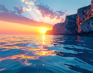 Beautiful sunset casting a golden glow over tranquil ocean waters