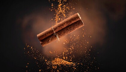 Floating Cinnamon Stick with Powdered Spice on Dark Background.
