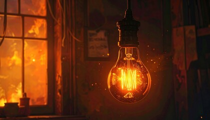 Glowing incandescent bulb in rustic room—warm filament light contrasts with dim interior and orange window glow.