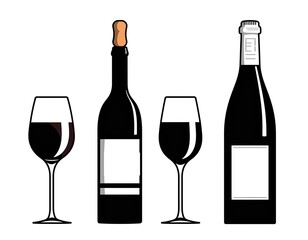 set vector illustration of black silhouette wine bottle and glass of wine
