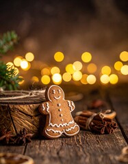 Gingerbread Man Christmas Cookie on Wooden Table with Festive Bokeh Background.
