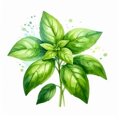 Fresh Watercolor Illustration of a Vibrant Green Basil Plant with Lush Leaves.