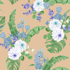 Delicate orchids, chrysanthemums, lavenders and beautiful monstera leaves, presented in a seamless vector illustration. This design would be perfect for decorating textiles, packaging, or wallpaper.