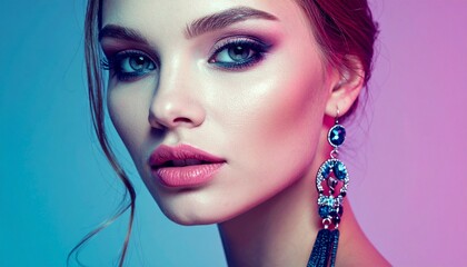 Glamorous Woman with Stunning Makeup and Elegant Earrings Posing for a Portrait.