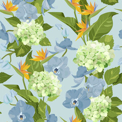 A seamless pattern featuring exotic flowers and tropical leaves against a blue background, hand-drawn in vector illustration style. This design can be used for textile decoration, packaging, and wallp