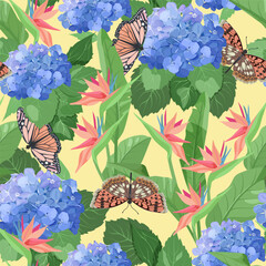 A seamless pattern featuring exotic flowers and butterflies a beige background, hand-drawn in vector illustration style. This design can be used for textile decoration, packaging, and wallpaper.