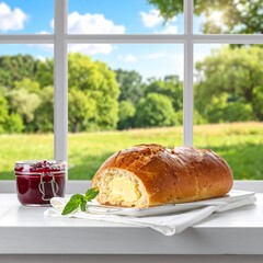 Freshly Baked Bread with Butter and Jam on a Sunny Window Sill.