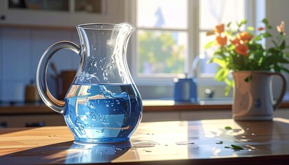 Glass pitcher filled with water on a wooden table in a sunny kitchen setting.
