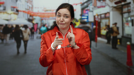Woman in orange prison jumpsuit with handcuffs poses outdoors on a busy street, blending humor and...