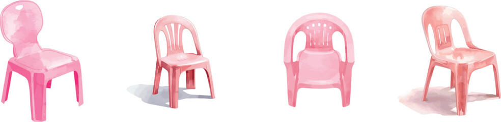 Watercolor Simple pink plastic chair for children set. Isolated on white background