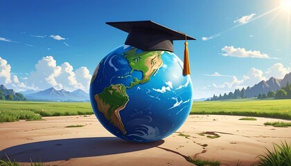 Global Education - A World Globe Adorned with a Graduation Cap, Symbolizing Learning and Knowledge.