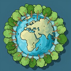 Cartoon vector illustration of a green tree circle on Earth. Green planet earth with trees. 