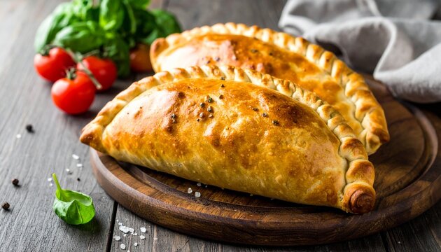 Golden Baked Calzones on Wooden Board with Fresh Tomatoes and Basil.