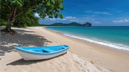 Fototapeta premium View of a small boat on the sand by the shore with clear water and mountains in the background during a sunny day