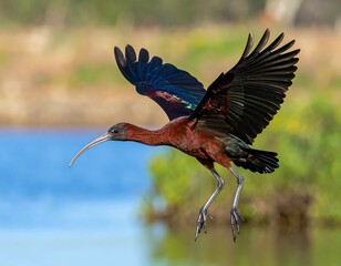 Glossy Ibis in Flight - A Stunning Display of Avian Grace and Beauty in Nature.