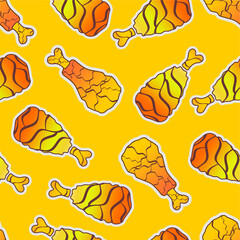 Fried chicken seamless pattern background. Fried chicken thigh pattern. Cartoon fried chicken pattern background. Fast food pattern background.