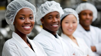 Group of workers dressed in uniforms and hair covers, smiling in a workplace during a shift in a factory or production area