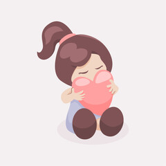 vector chibi woman holding love heart illustration