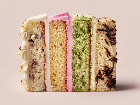 Four layered cake slices with different frostings and toppings