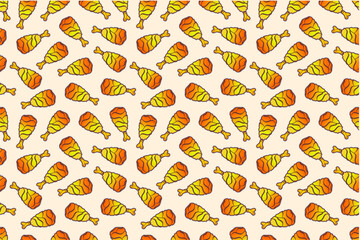 Fried chicken seamless pattern background. Fried chicken thigh pattern. Cartoon fried chicken pattern background. Fast food pattern background.