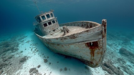 Silently, a wreckage lies on the ocean floor.