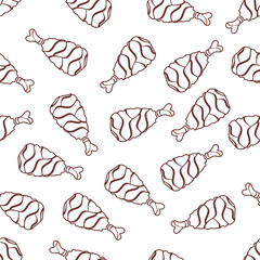 Doodle fried chicken seamless pattern background. Fried chicken thigh doodle pattern. Doodle fried chicken thigh pattern background. Fast food doodle pattern background.