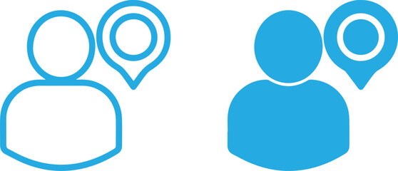 a simple minimal icon design, profile user icon, person silhouette icon, avatar icon, blue and white color palette user icon combined with a location pin, representing user location,