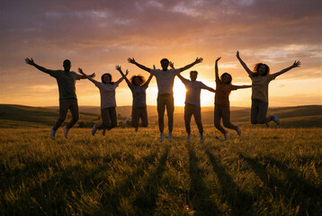 Joyful Friends Jumping at Sunset