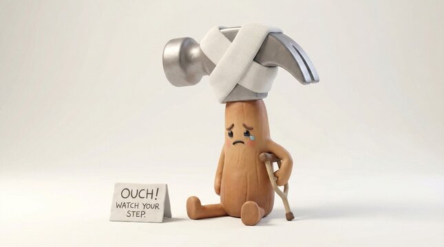 Funny Cartoon Hammer Character Injured with Bandage and Crutch - Workplace Safety Concept