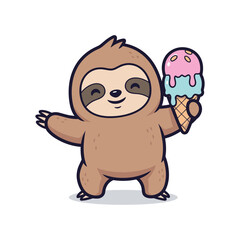 Sloth Enjoying Ice Cream Vector Illustration