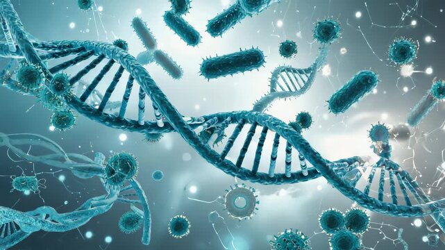 3 D Render of D N A Helix with Bacteria and Viruses in Futuristic Scientific Environment