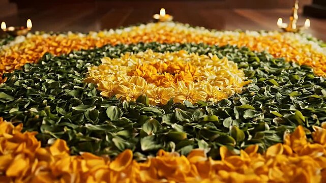 Happy Onam festival background, Floral Pookalam essence with soft festive glow on fresh green to golden yellow gradient